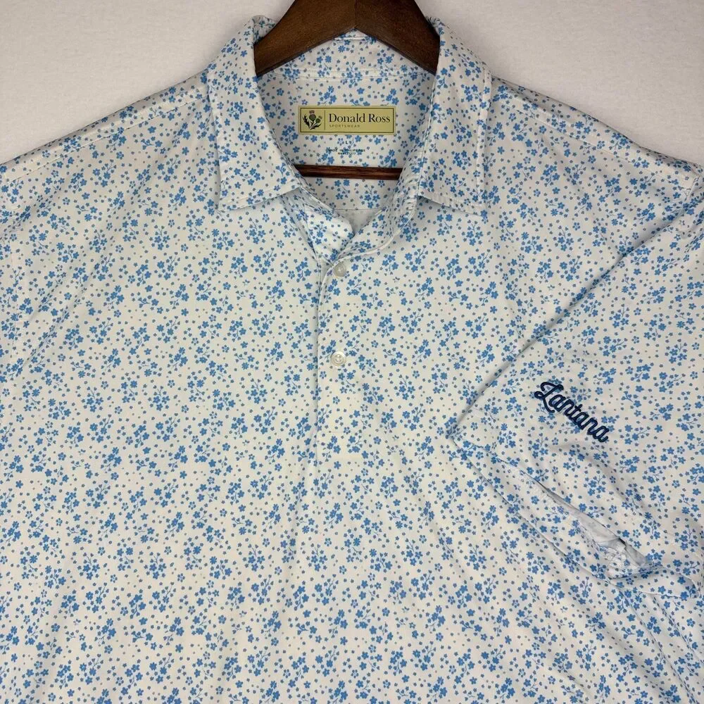 Donald Ross Men's Large Floral Performance Golf Polo Blue White Stretch